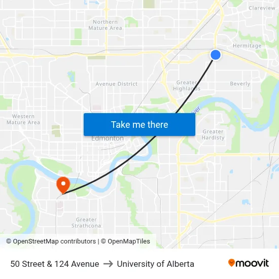 50 Street & 124 Avenue to University of Alberta map