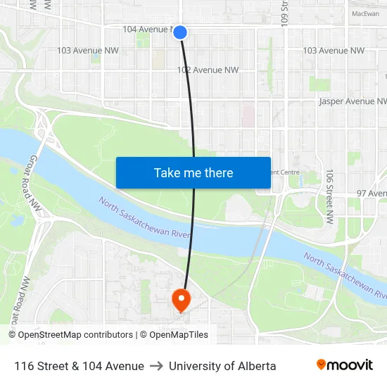 116 Street & 104 Avenue to University of Alberta map