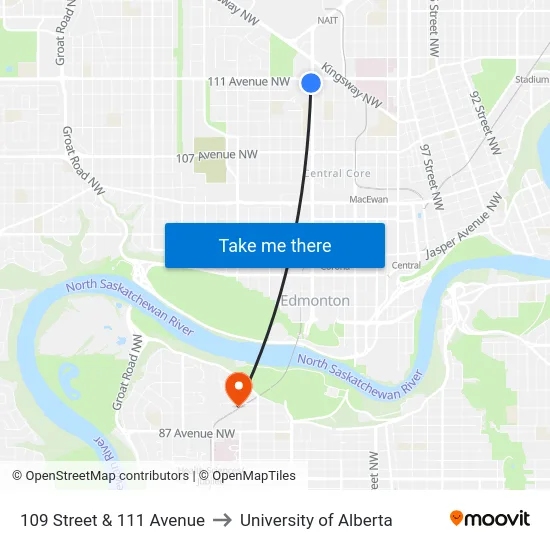 109 Street & 111 Avenue to University of Alberta map