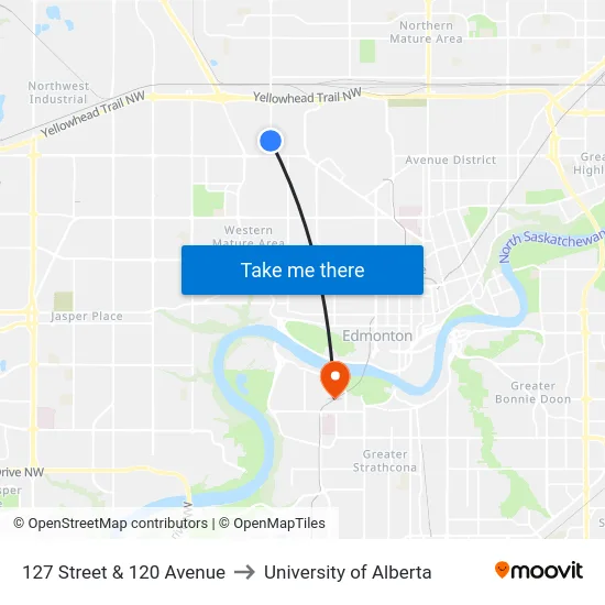 127 Street & 120 Avenue to University of Alberta map
