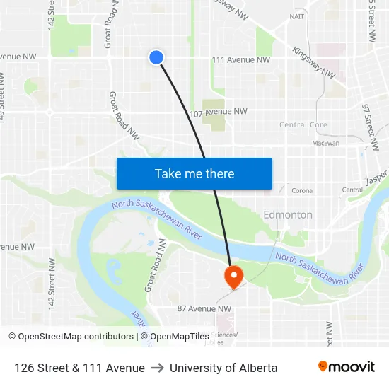 126 Street & 111 Avenue to University of Alberta map