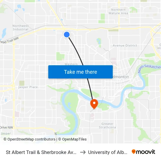 St Albert Trail & Sherbrooke Avenue to University of Alberta map