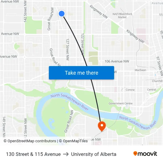 130 Street & 115 Avenue to University of Alberta map