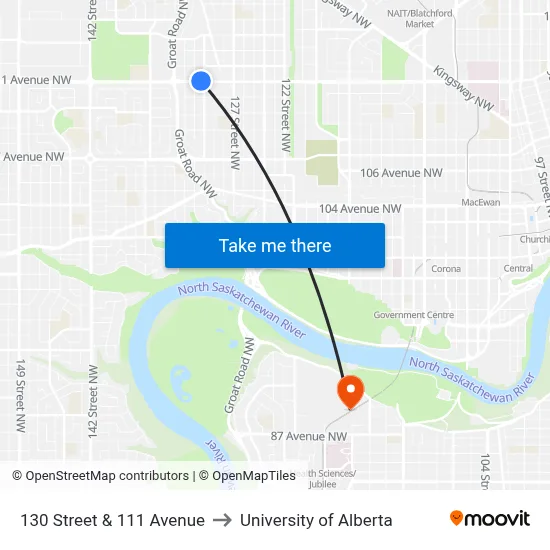 130 Street & 111 Avenue to University of Alberta map