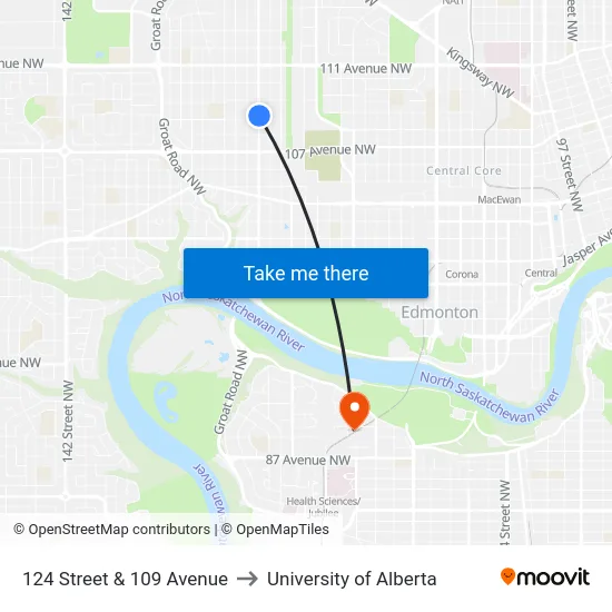 124 Street & 109 Avenue to University of Alberta map