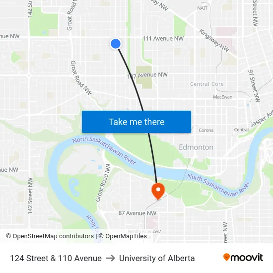 124 Street & 110 Avenue to University of Alberta map