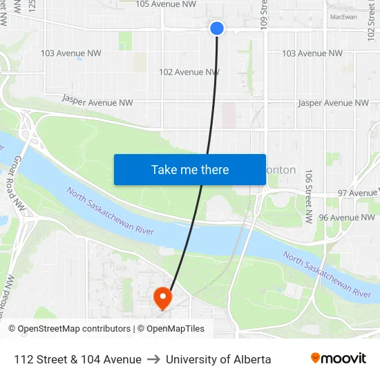112 Street & 104 Avenue to University of Alberta map