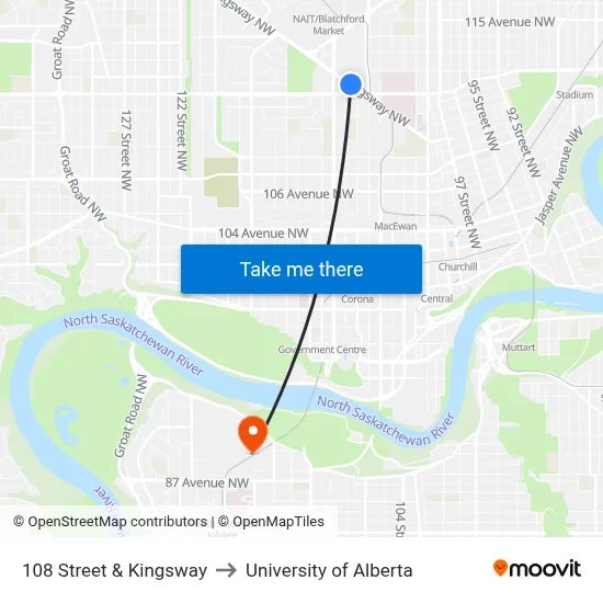 108 Street & Kingsway to University of Alberta map