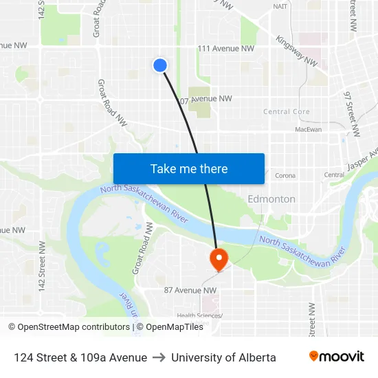 124 Street & 109a Avenue to University of Alberta map