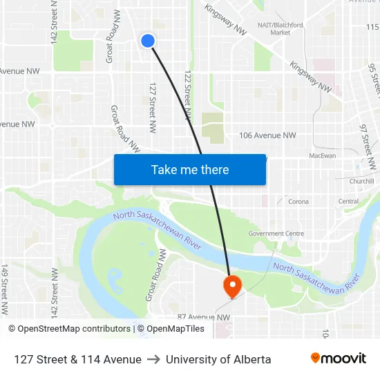 127 Street & 114 Avenue to University of Alberta map