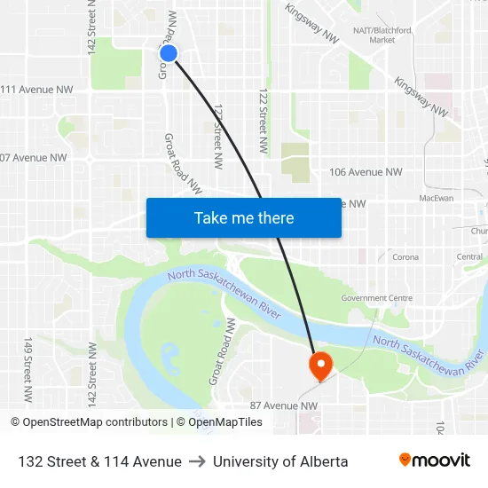 132 Street & 114 Avenue to University of Alberta map