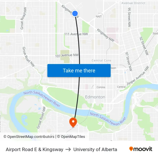 Airport Road E & Kingsway to University of Alberta map
