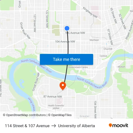 114 Street & 107 Avenue to University of Alberta map