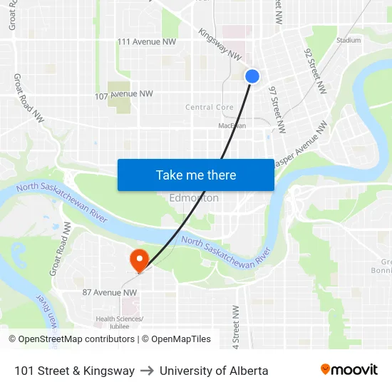 101 Street & Kingsway to University of Alberta map