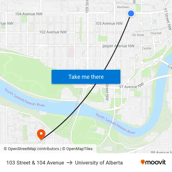 103 Street & 104 Avenue to University of Alberta map