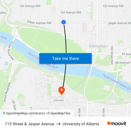 115 Street & Jasper Avenue to University of Alberta map