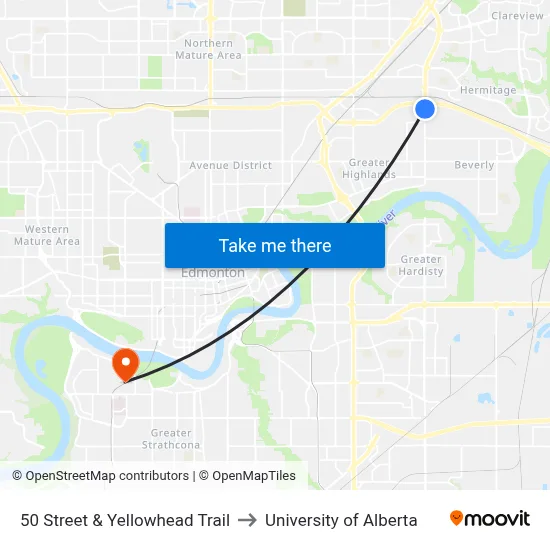 50 Street & Yellowhead Trail to University of Alberta map