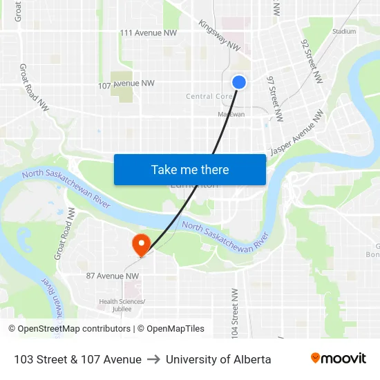 103 Street & 107 Avenue to University of Alberta map