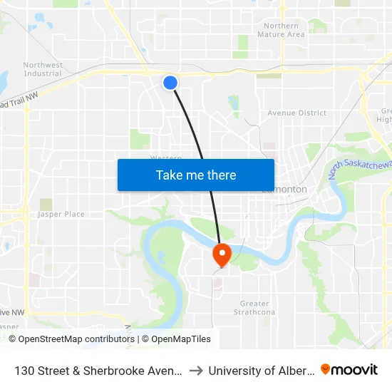 130 Street & Sherbrooke Avenue to University of Alberta map
