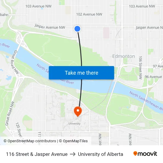 116 Street & Jasper Avenue to University of Alberta map