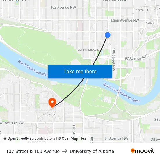107 Street & 100 Avenue to University of Alberta map