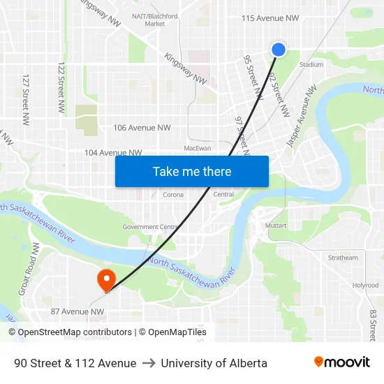 90 Street & 112 Avenue to University of Alberta map