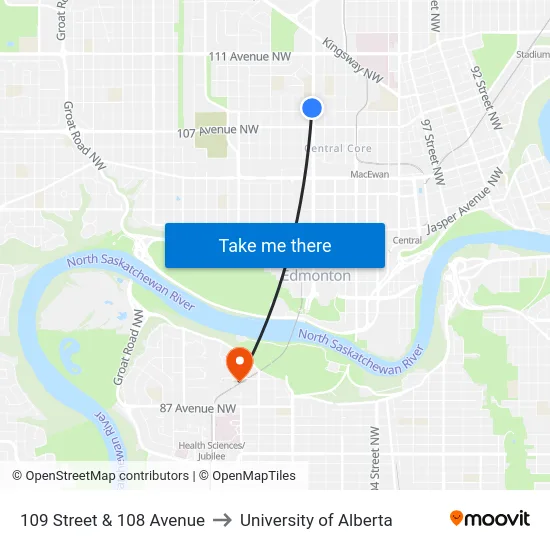 109 Street & 108 Avenue to University of Alberta map