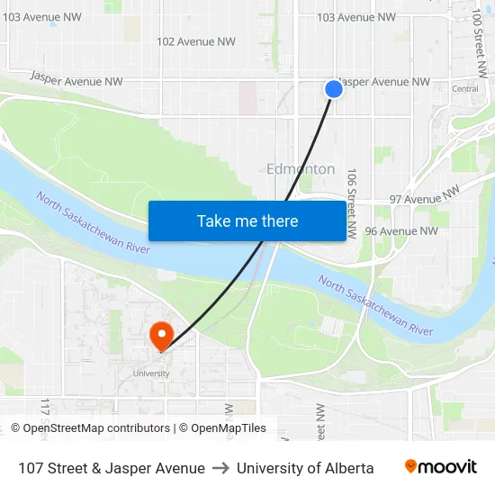 107 Street & Jasper Avenue to University of Alberta map