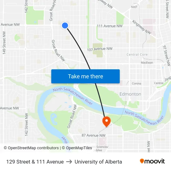 129 Street & 111 Avenue to University of Alberta map
