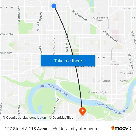 127 Street & 118 Avenue to University of Alberta map
