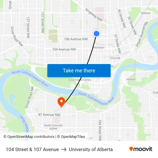 104 Street & 107 Avenue to University of Alberta map
