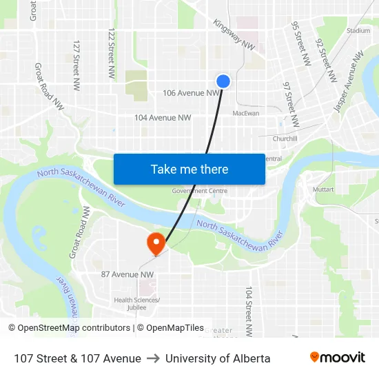 107 Street & 107 Avenue to University of Alberta map