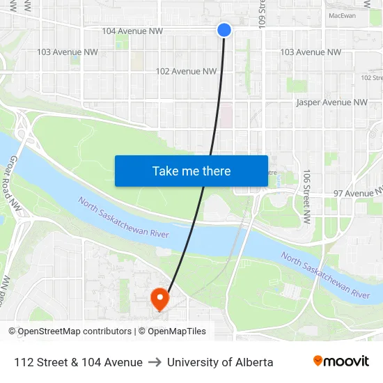 112 Street & 104 Avenue to University of Alberta map