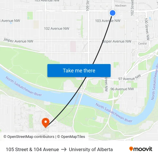105 Street & 104 Avenue to University of Alberta map