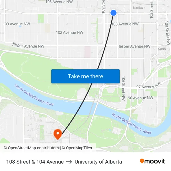 108 Street & 104 Avenue to University of Alberta map