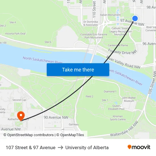 107 Street & 97 Avenue to University of Alberta map
