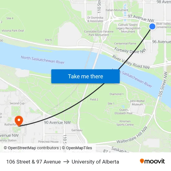 106 Street & 97 Avenue to University of Alberta map