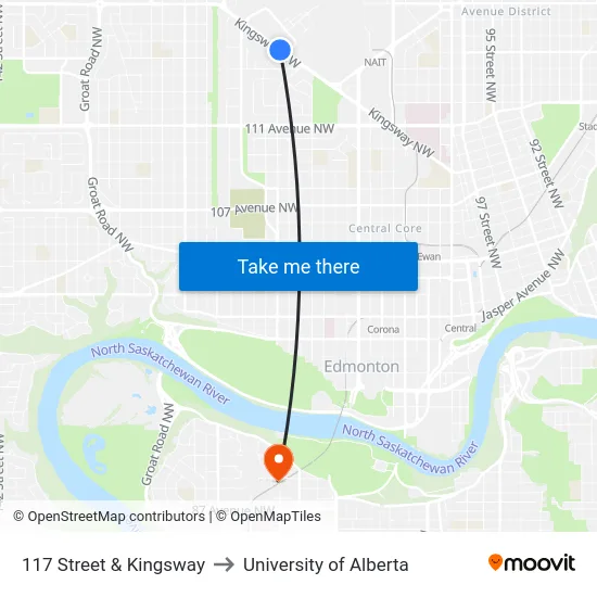 117 Street & Kingsway to University of Alberta map