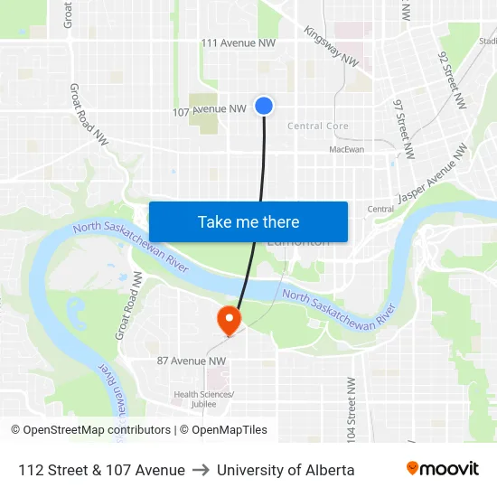 112 Street & 107 Avenue to University of Alberta map