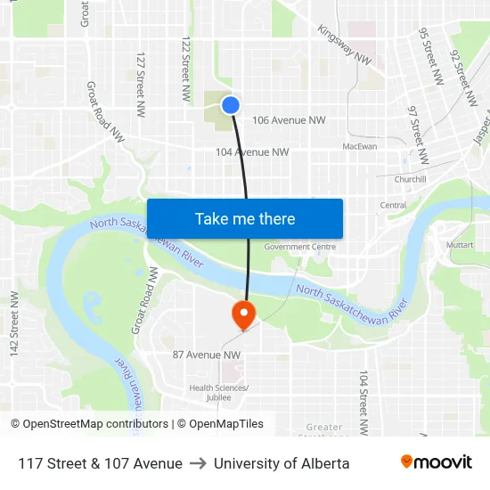 117 Street & 107 Avenue to University of Alberta map