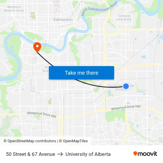 50 Street & 67 Avenue to University of Alberta map