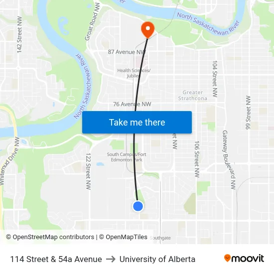 114 Street & 54a Avenue to University of Alberta map