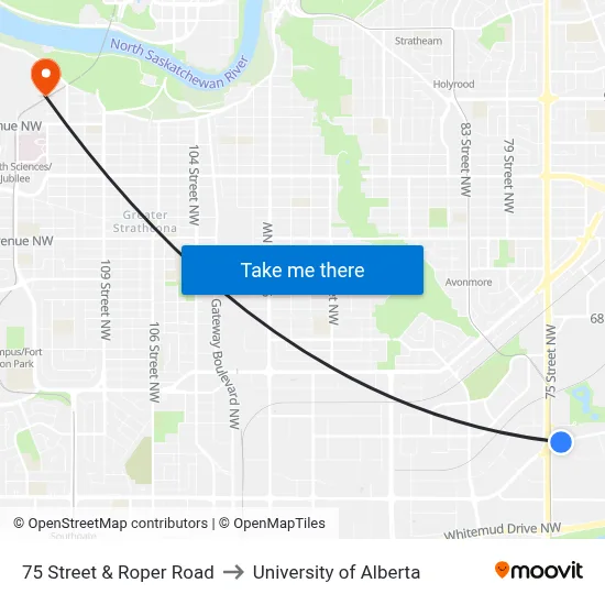 75 Street & Roper Road to University of Alberta map