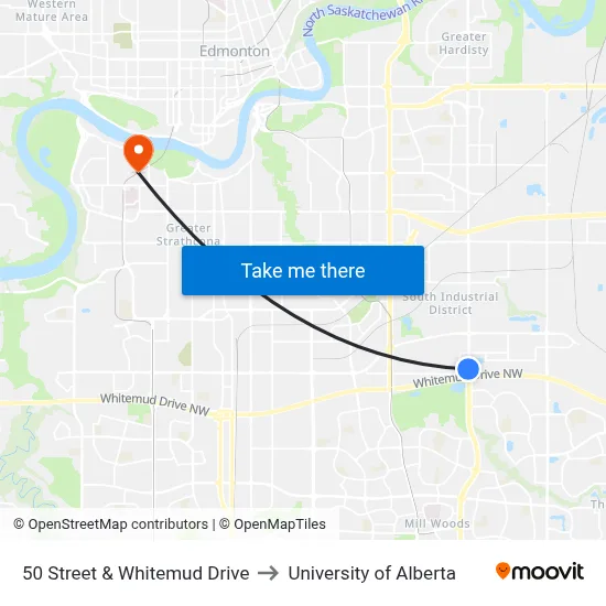 50 Street & Whitemud Drive to University of Alberta map