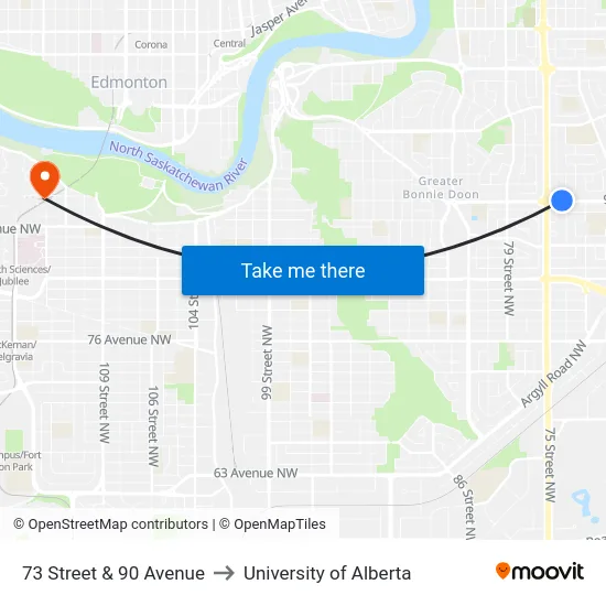 73 Street & 90 Avenue to University of Alberta map