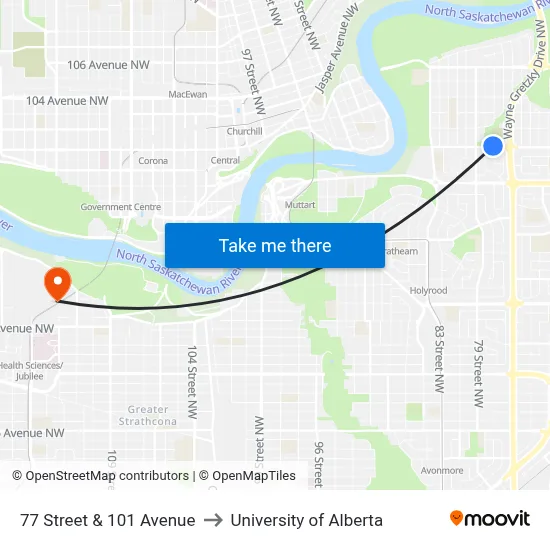 77 Street & 101 Avenue to University of Alberta map