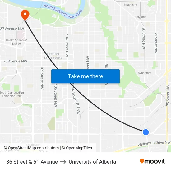 86 Street & 51 Avenue to University of Alberta map