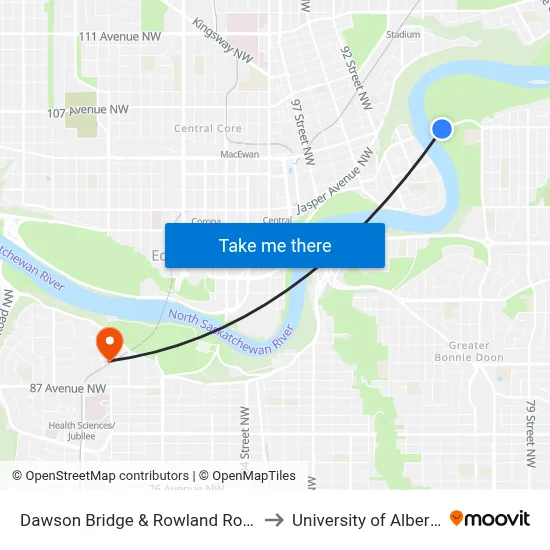 Dawson Bridge & Rowland Road to University of Alberta map