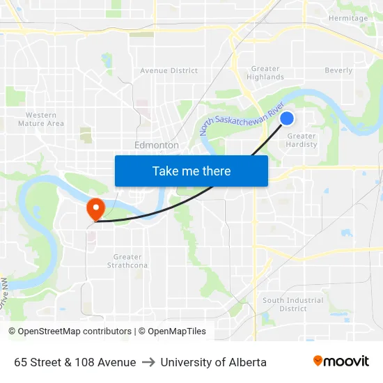 65 Street & 108 Avenue to University of Alberta map