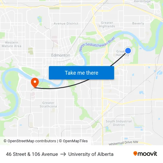 46 Street & 106 Avenue to University of Alberta map